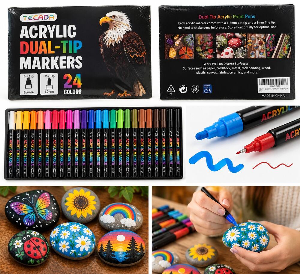 TECADA 24-Color Acrylic Dual-Tip Paint Markers – Dot & Fine Tip